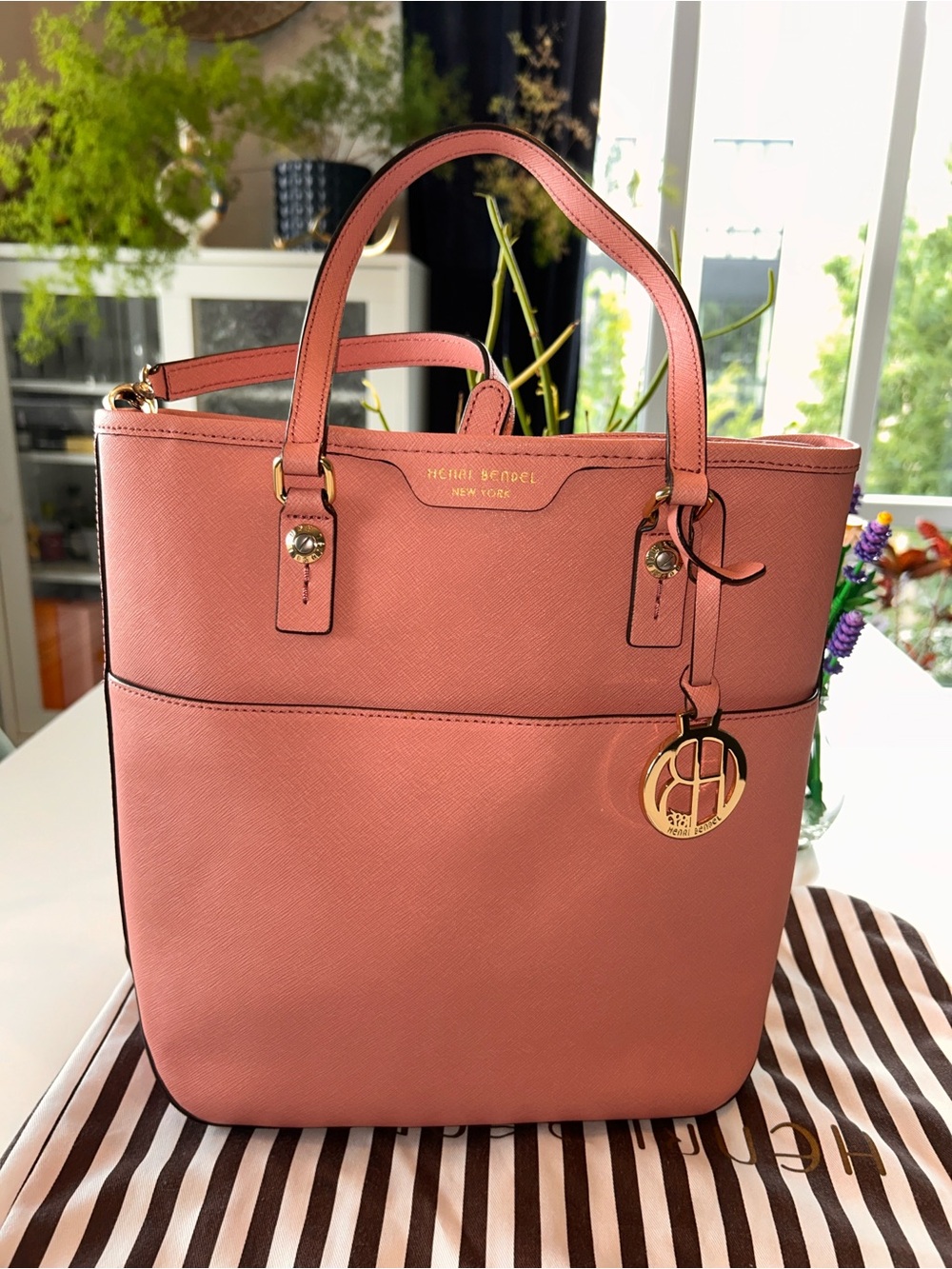 henri bendel Dusty Rose Leather Tote with Gold Charm